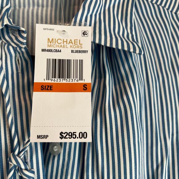 MICHAEL Michael Kors Blueberry Pinstripe Logo Gold Belted Minidress Size S NWT - Picture 10 of 12